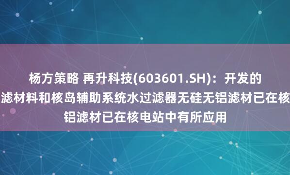 杨方策略 再升科技(603601.SH)：开发的核级高效空气过滤材料和核岛辅助系统水过滤器无硅无铝滤材已在核电站中有所应用