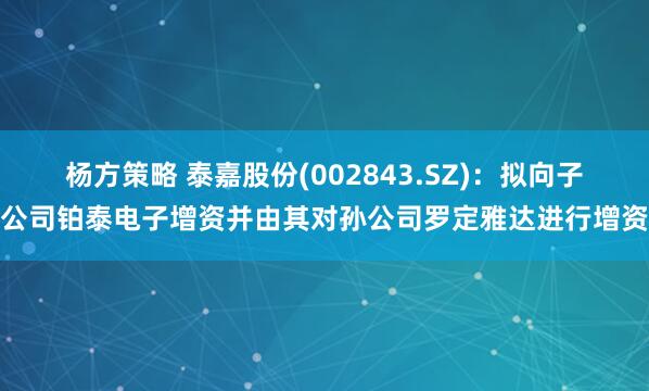 杨方策略 泰嘉股份(002843.SZ)：拟向子公司铂泰电子增资并由其对孙公司罗定雅达进行增资